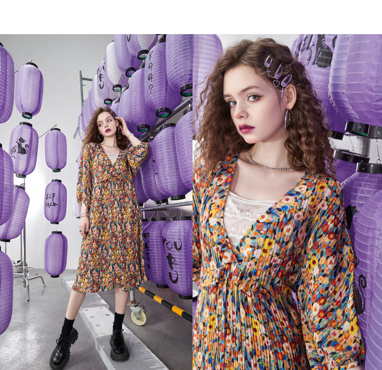 Oil Painting Floral Chiffon Dress For Women NorixaFashion.com