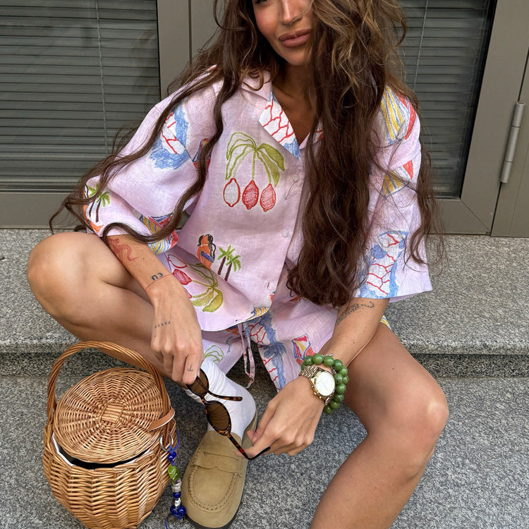 Tropical Print Linen Blend Shirt & Shorts Co-ord Set NorixaFashion.com