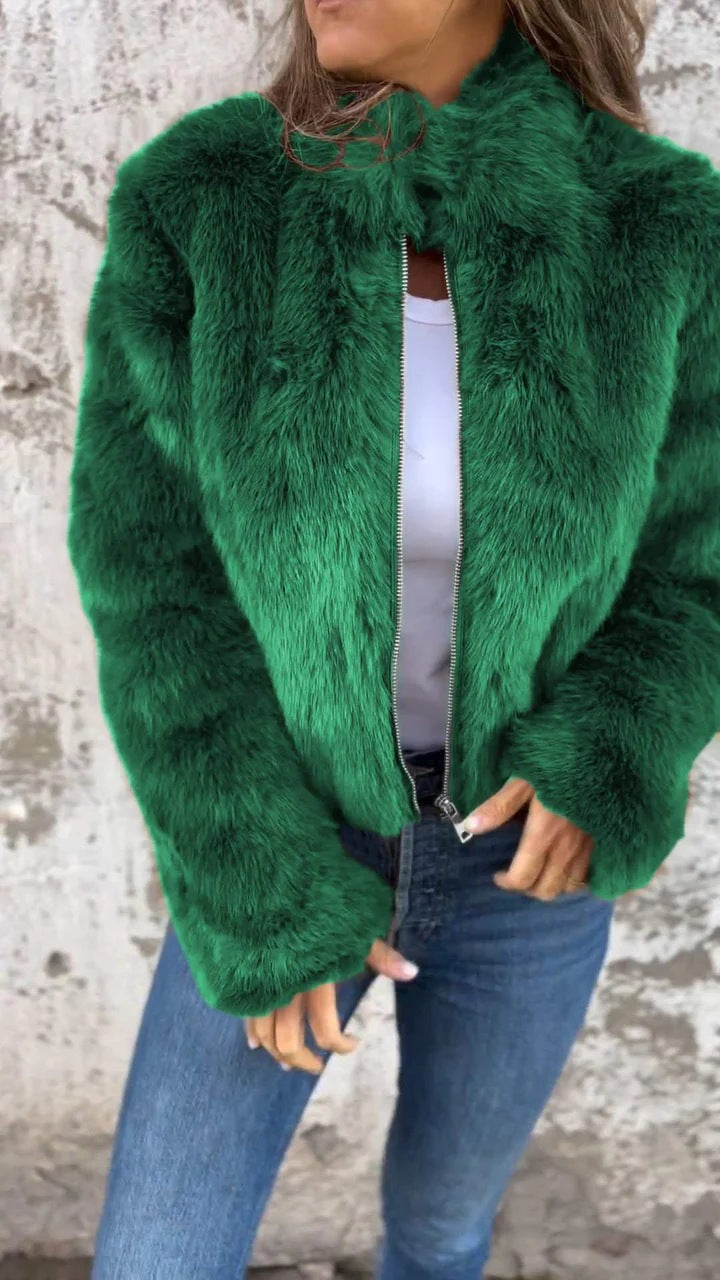 Fashion Stand Collar Plush Jacket Winter Casual Turtleneck Zipper Coat Fleece Tops Women's Clothing LuxuryLifeWay Online Store