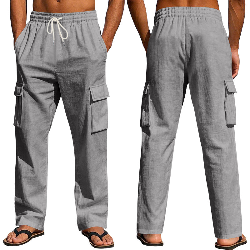 Men's Workwear Multi-pocket Straight Linen Pants Linen Four Seasons Thin Breathable Cargo Pants, Multi-pocket Loose Casual Trendy Wide-leg Pants NorixaFashion.com