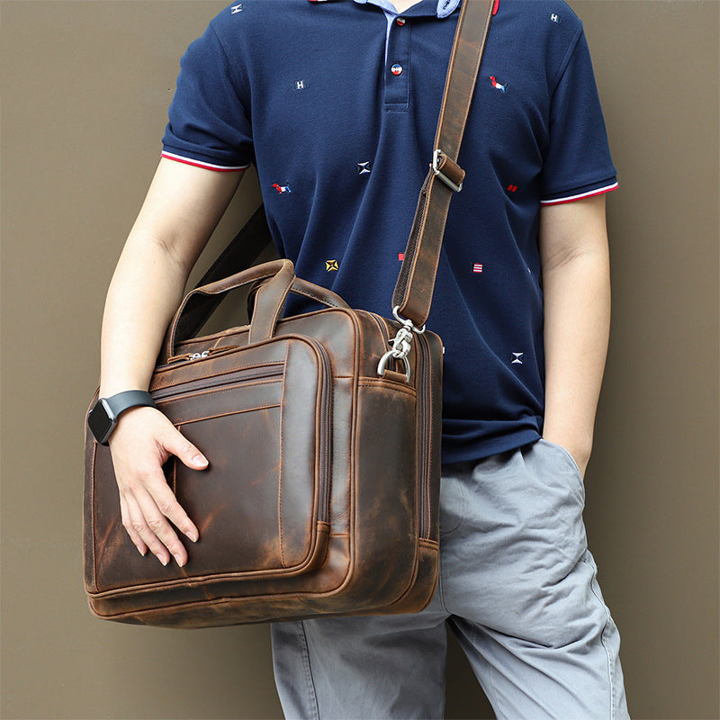 Vintage Leather Men's Crazy Horse Leather Handbag Large Business CJD