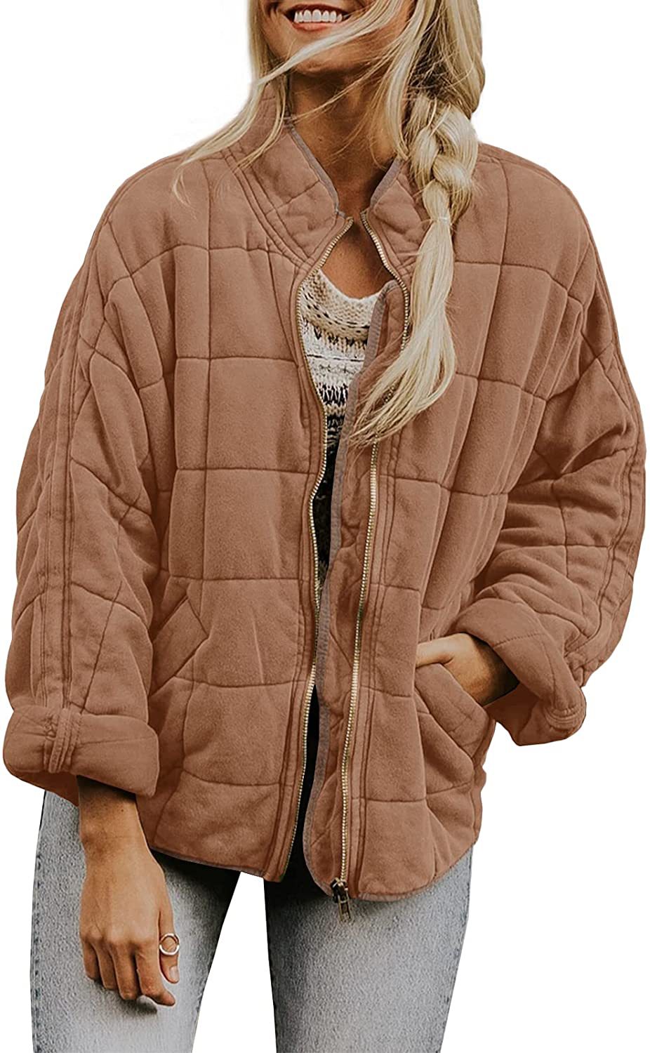 Winter Zip-up Stand Collar Coat With Pockets Fashion Solid Color Plaid Long Sleeved Jacket Women's Clothing LadyShow.Store