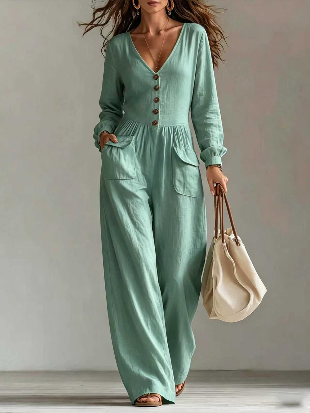 New Autumnwinter Casual Chic Womens V-neck Long-sleeve Jumpsuit With Pockets NorixaFashion.com