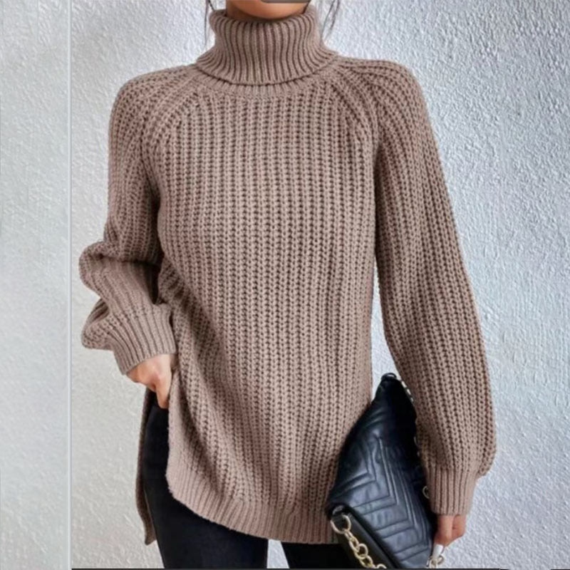 Turtleneck Pullover Sweater With Split Design Fashion Simple Solid Color Long Sleeve Tops Women's Clothing LadyShow.Store
