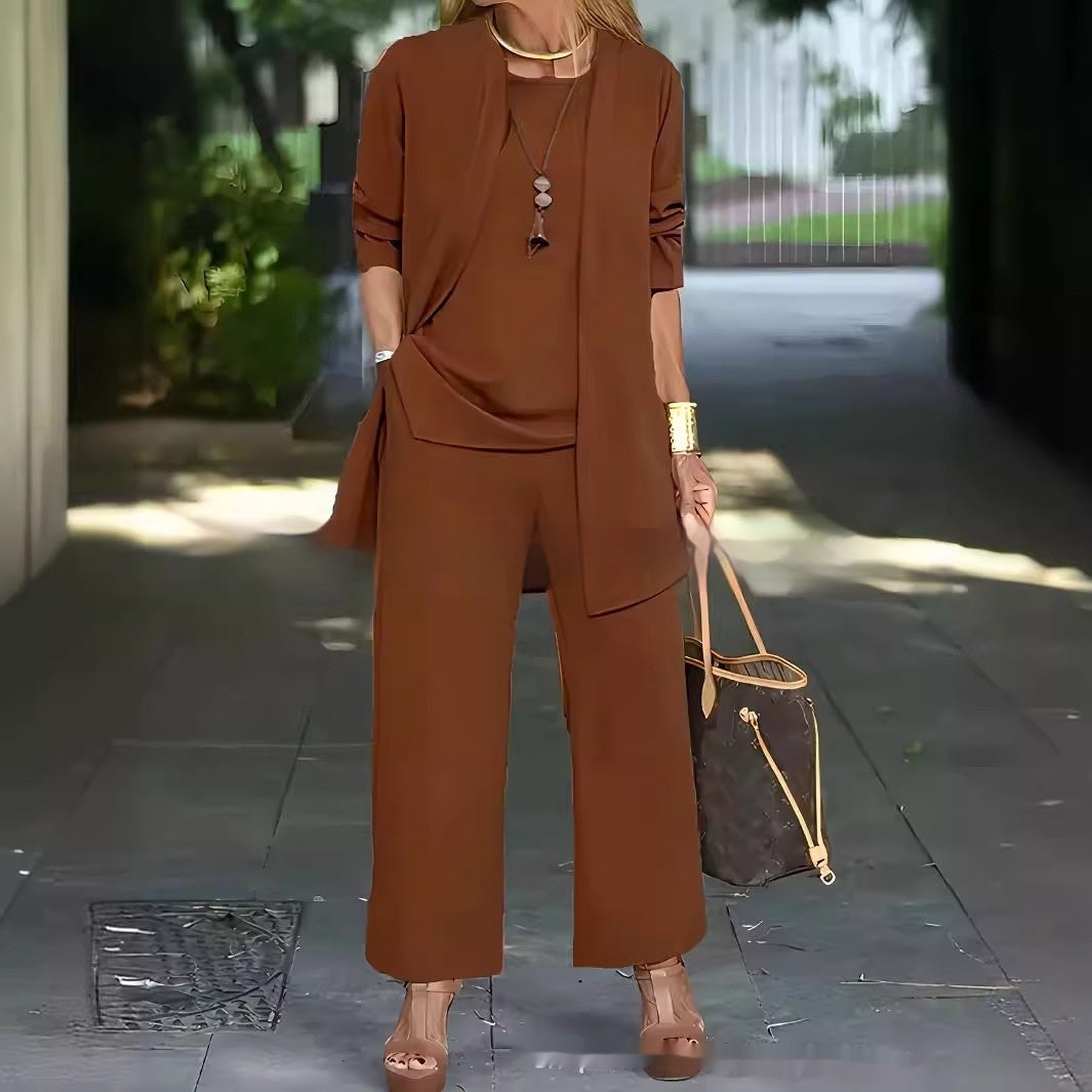 3-piece Cardigan Suit Pure Color Split Sleeveless Vest Top Long Sleeve Jacket And Wide Leg Pants Set NorixaFashion.com