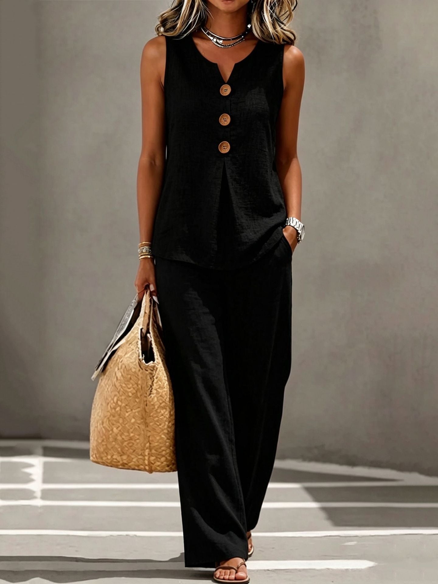 Womens V-neck Buttoned Sleeveless Vest Top Set Two-piece Outfit NorixaFashion.com