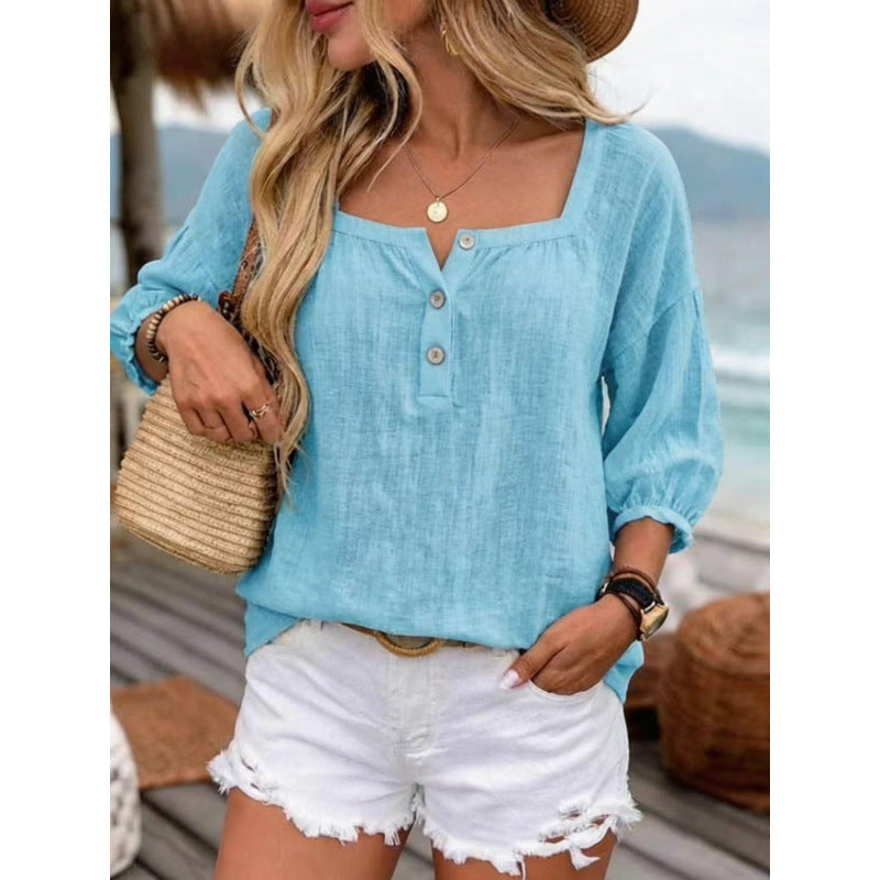 Casual Resort-style Linen Top With Three-quarter Sleeves NorixaFashion.com