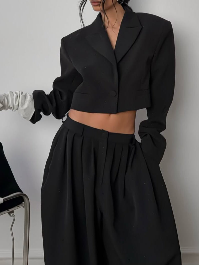 Black Rhinestone Embellished Cropped Blazer & Wide Leg Pants 2-Piece Set NorixaFashion.com