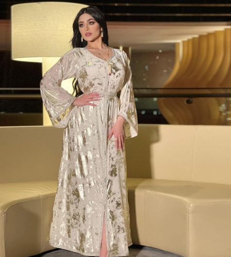 Muslim Bronzing Robe Women's Two Piece Belted Dress LadyShow.Store