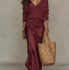 Women's Chic Satin Maxi Dress 2 Pieces Sets Sexy Straps Sleeveless Long Sleeve Top Evening Dresses Elegant New Party Street Gown NorixaFashion.com