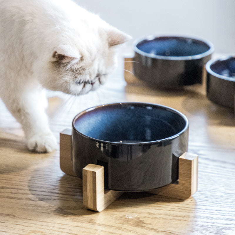 Starry Sky Ceramic Cat Bowl Protects Cervical Spine Wooden Frame Double Bowl Pets Fashion