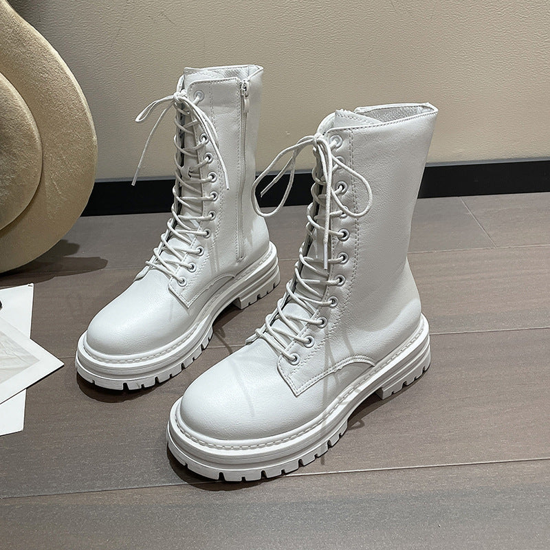 Autumn And Winter New Round Head Lace-up British Style Thick Bottom Mid-calf Martin Boots Women LadyShow.Store