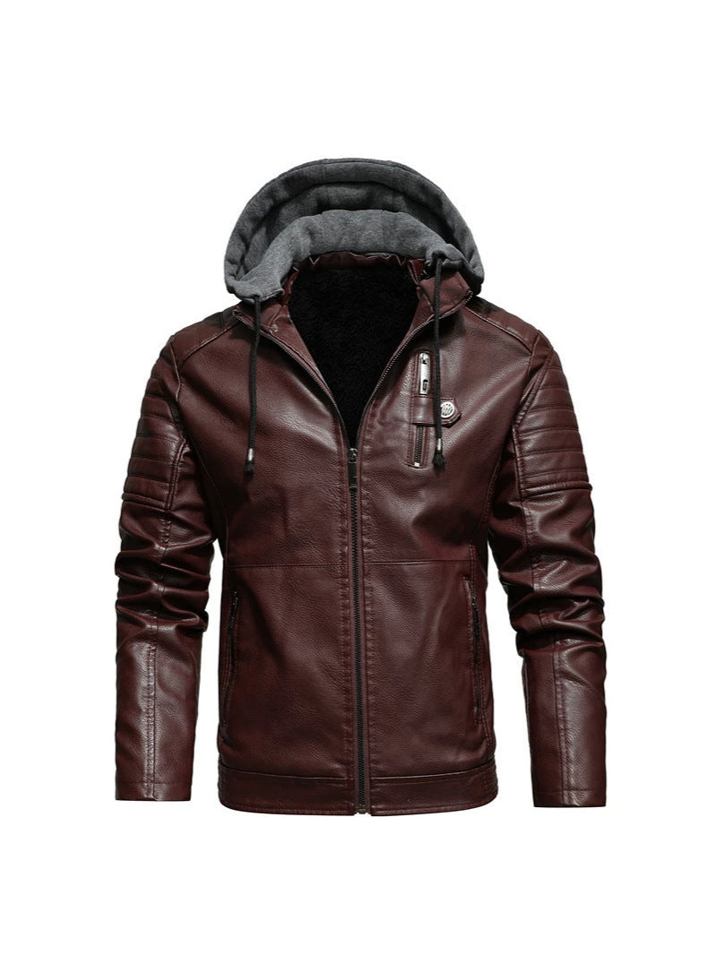 2026 Autumn And Winter New Men's Leather Jacket, Youth Men's Coat, Fleece-Lined Hooded Leather Jacket, Men's Jacket, Factory Ready Stock NorixaFashion.com