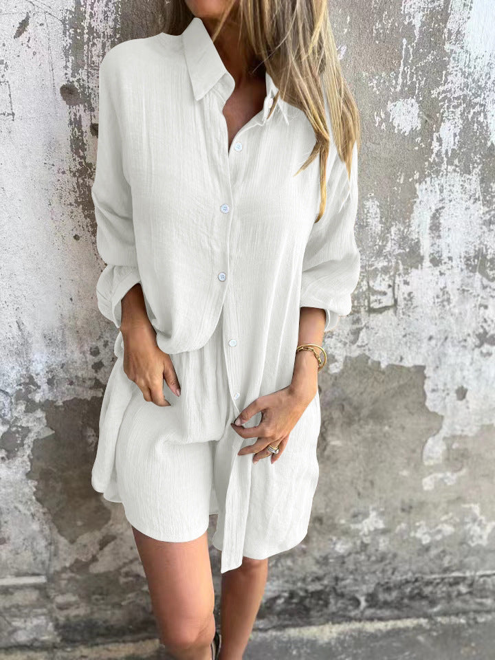 2pcs Loose Long-sleeved Shirt Suit With Lapel Button Tops And Elasticated Shorts Fashion Casual Clothing For Women NorixaFashion.com