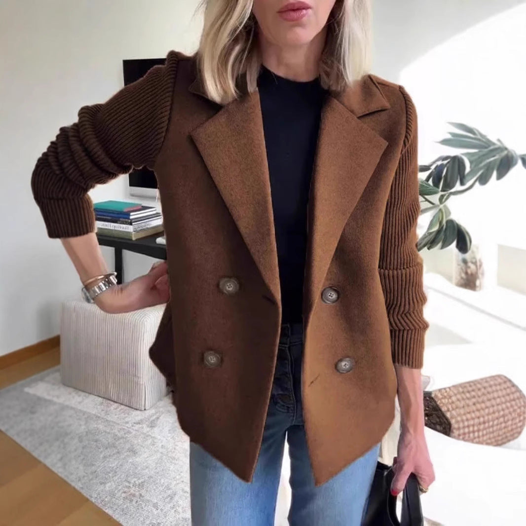 Double Breasted Lapel Jacket Fashion Knitted Sleeves Splicing Design Coat Outerwear Women's Clothing Best YouTube Store