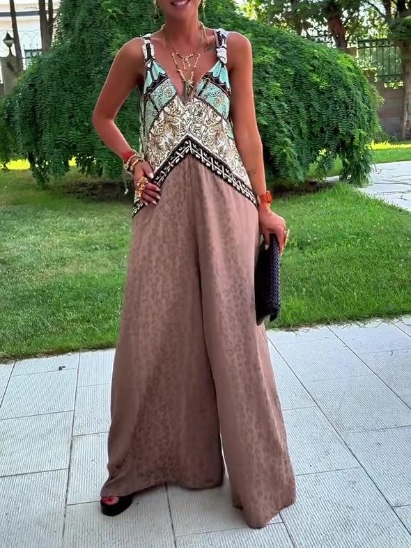 Ethnic Print Paneled Sleeveless Wide-Leg Jumpsuit NorixaFashion.com