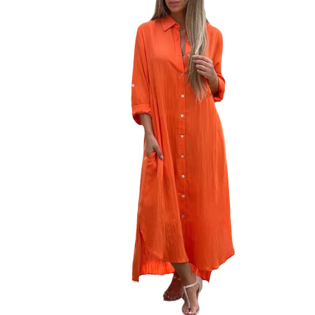 2026 Women's Dress, Cotton And Linen Shirt, Long Skirt, Fashionable Casual Long Sleeved Cardigan Dress NorixaFashion.com