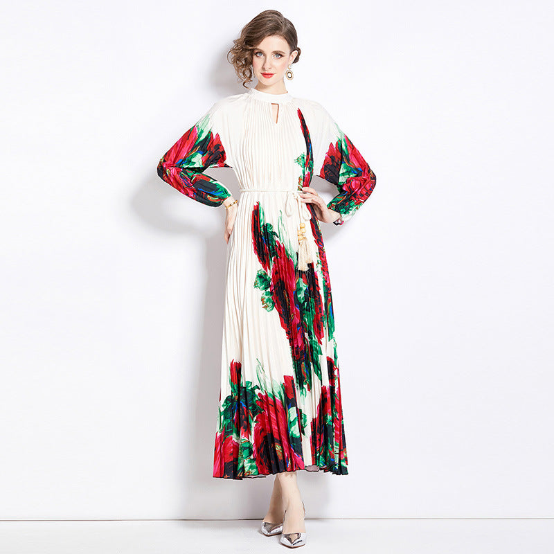 Pleated Tassel Belt Dress Women NorixaFashion.com