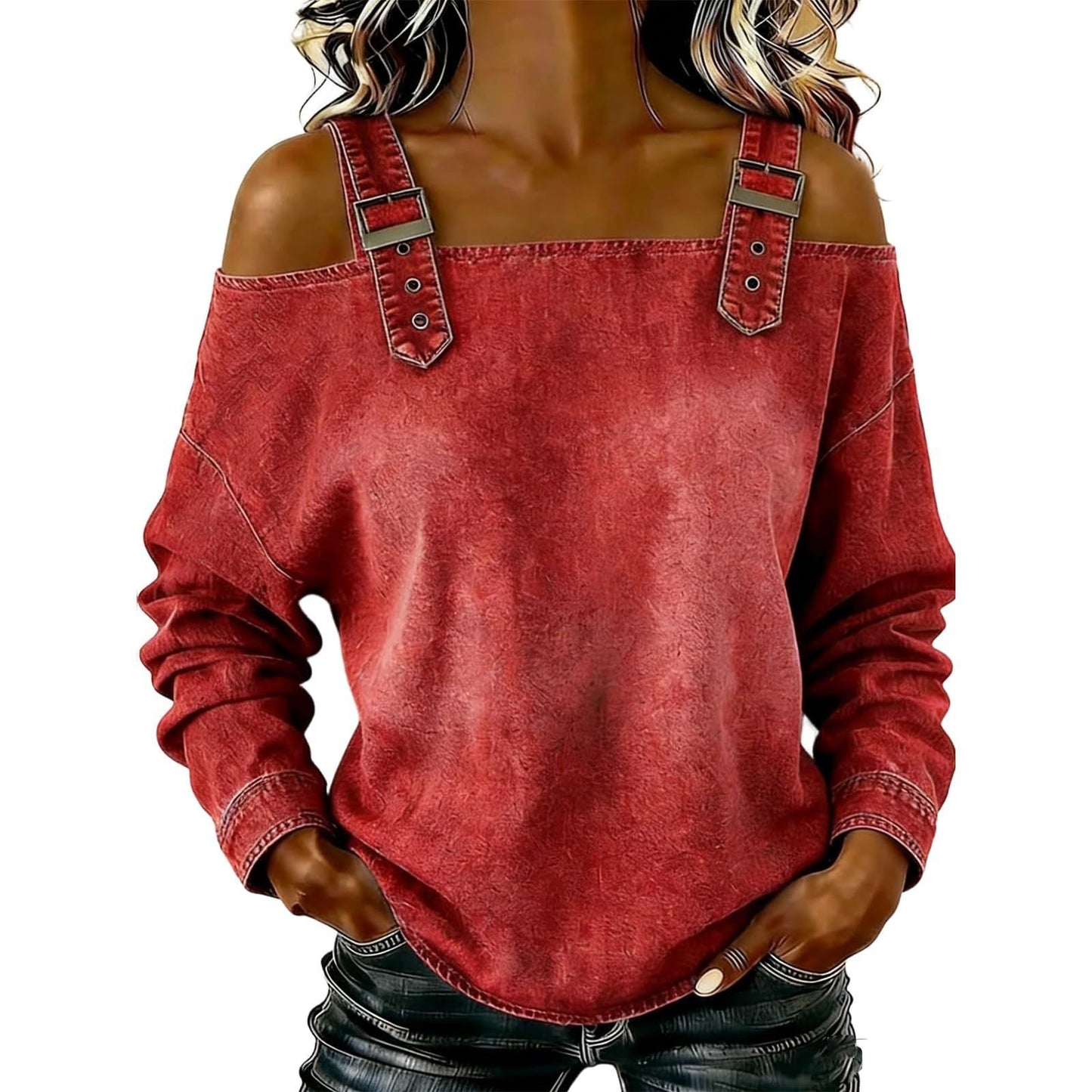 Halter-neck Off-shoulder Long-sleeve Top NorixaFashion.com