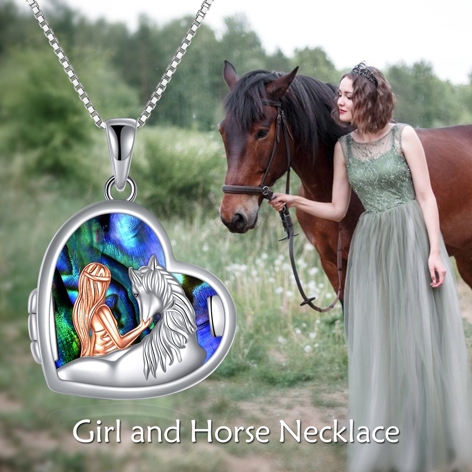 Horse and Girl Abalone Shellfish Heart Sterling Silver Photo Locket Necklace LadyShow.Store