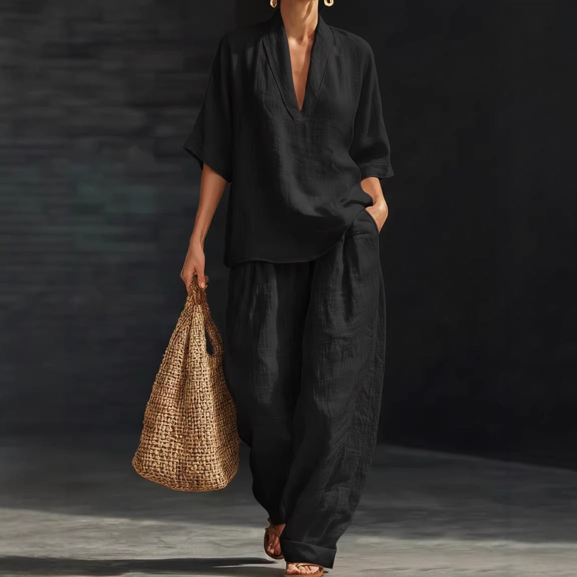 Women's Casual Simple Linen Two-Piece Set NorixaFashion.com