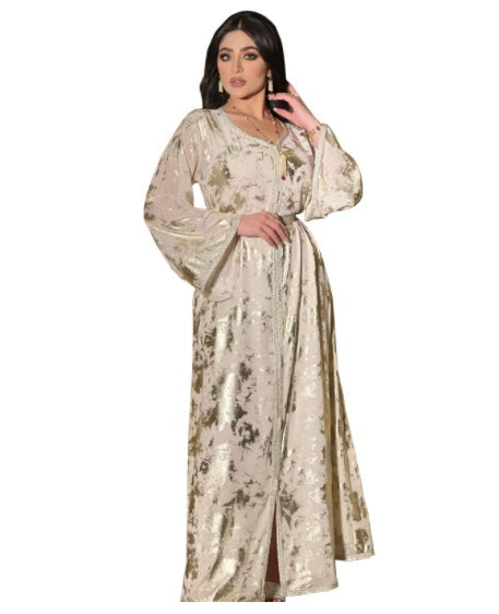 Muslim Bronzing Robe Women's Two Piece Belted Dress LadyShow.Store