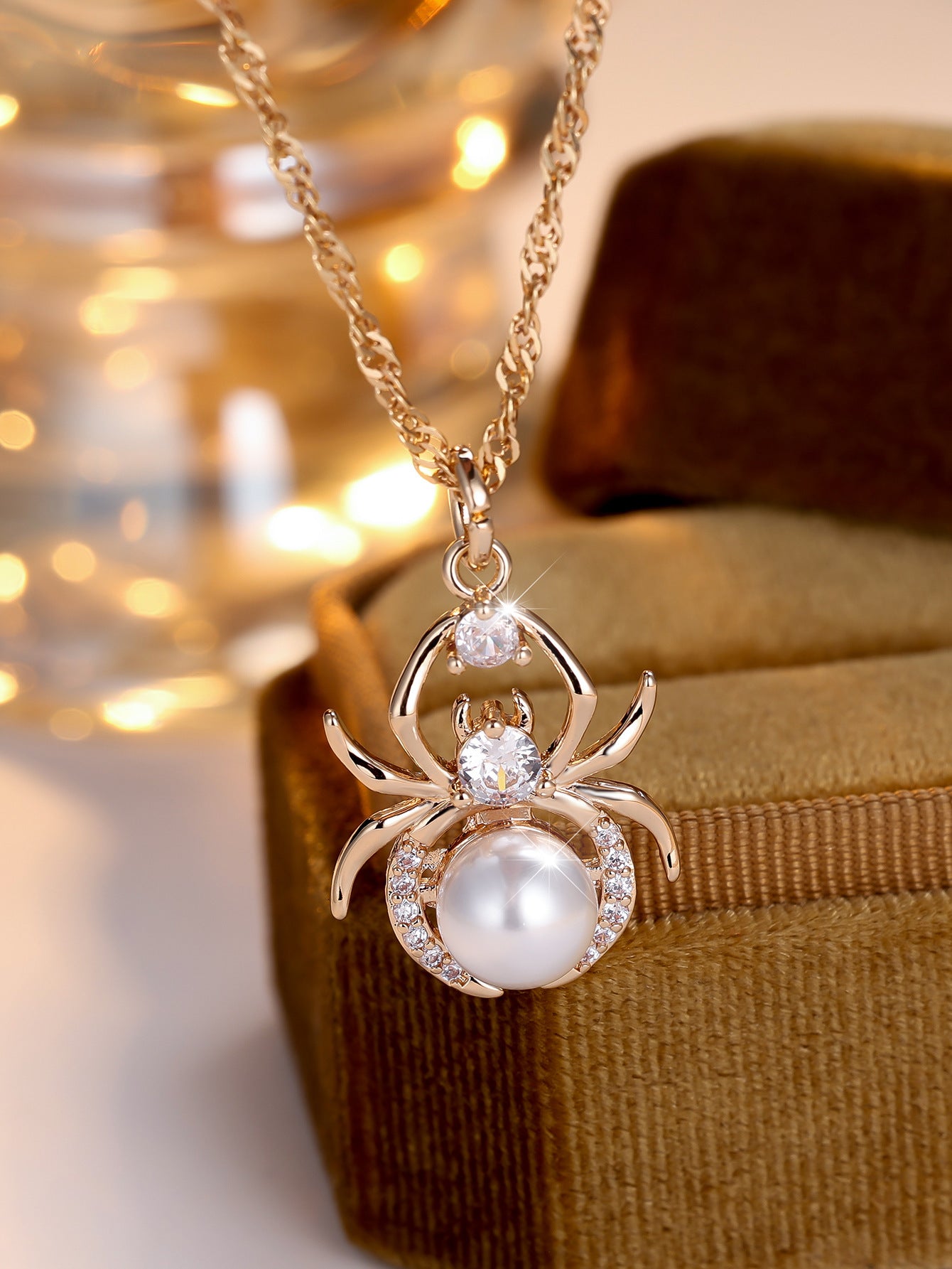 Champagne Gold Round White Diamond Pearl Spider Necklace
