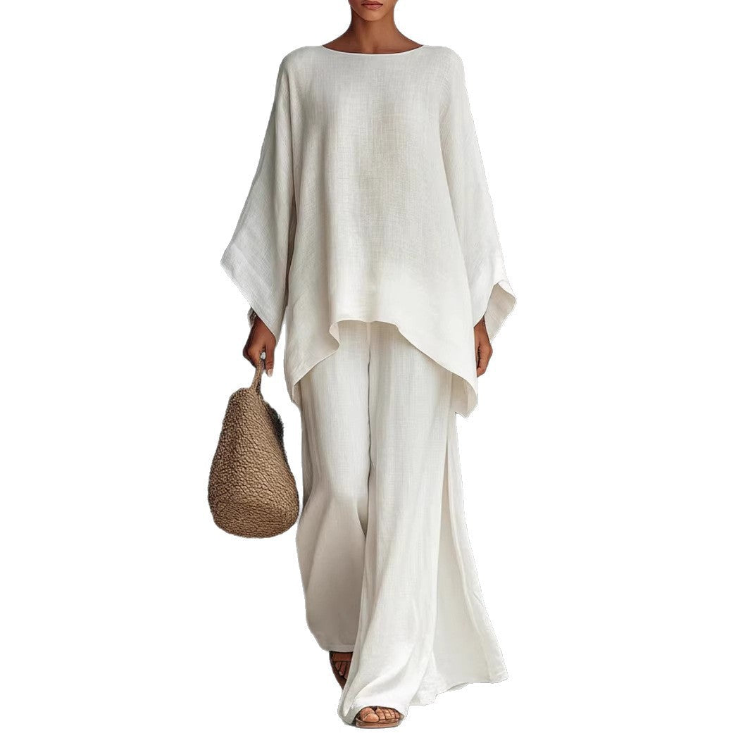 Casual 2-piece Set Loose Long-sleeved Wide-leg Trousers For Womens Minimalist Relaxed-fit Top And Wide-leg Pants Set For Daily Wear Work Vacation Outfits NorixaFashion.com