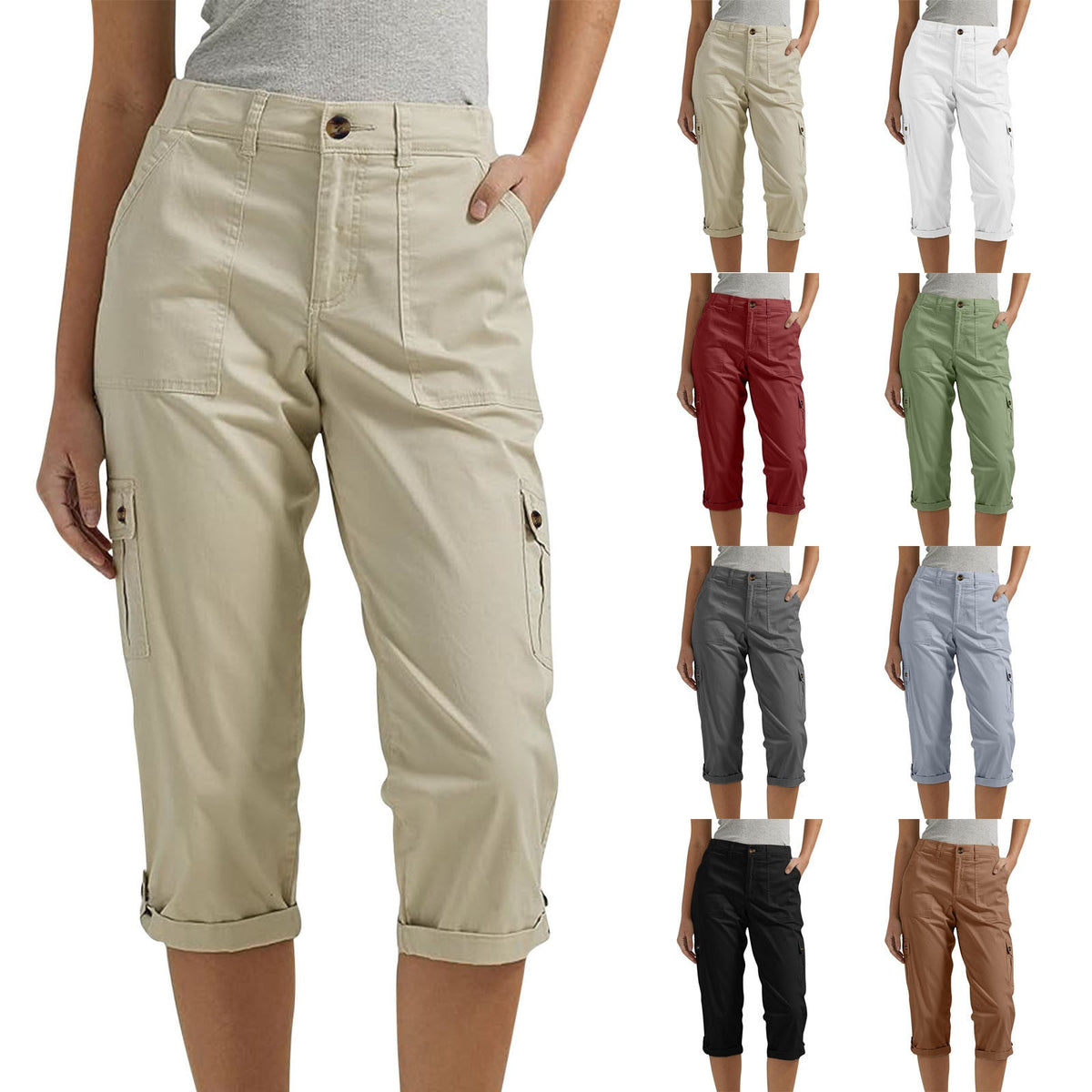 Solid Color Casual Cropped Pants - Women's High Waist Multiple Pockets Capri Trousers for Daily Wear NorixaFashion.com