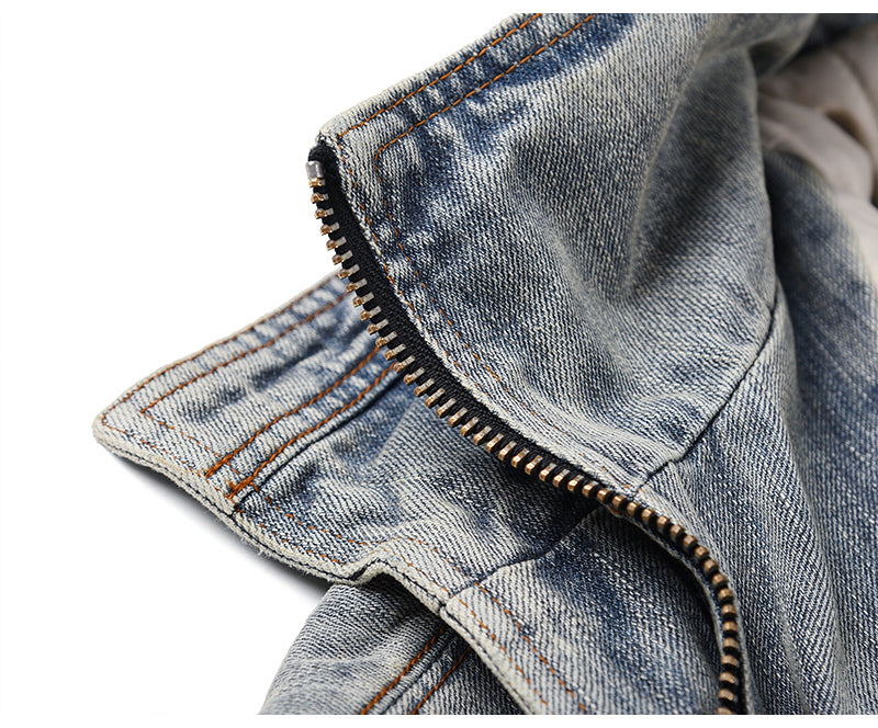 Vintage Wash Denim Jacket with Layered Collar for Men Pi-Mart