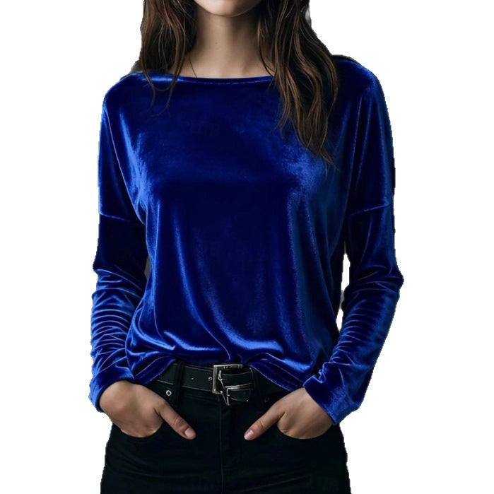 Female Solid Color Loose Fit Crew-neck Pullover Velvet T-shirt LadyShow.Store