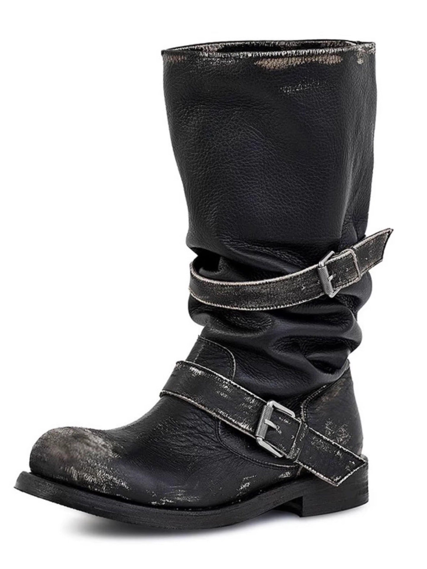 Chunky-heeled Vintage Distressed Mid-calf Boots Womens LadyShow.Store