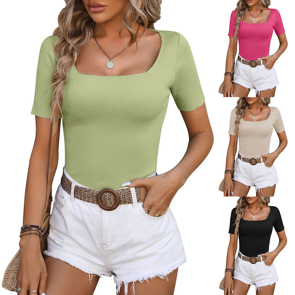 Summer Square-Neck Slim T-Shirt NorixaFashion.com