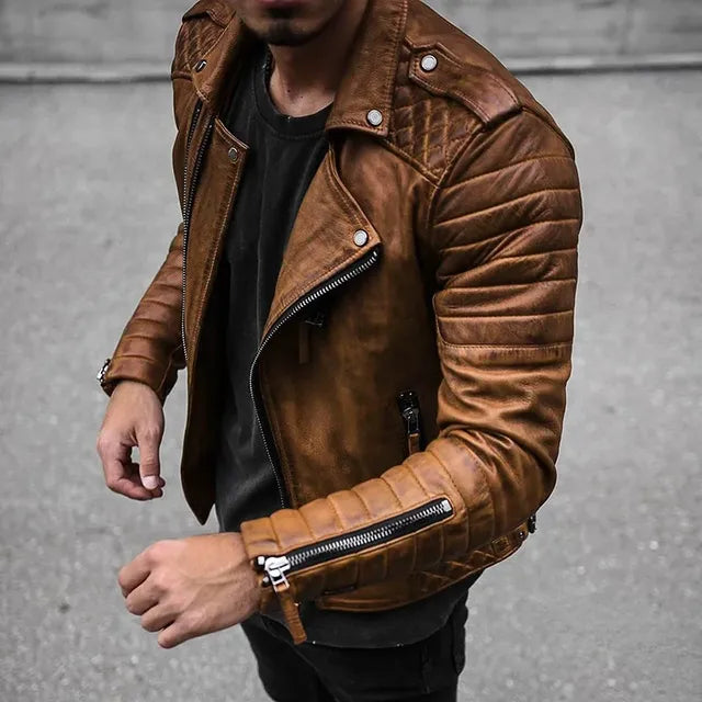 Men's Slim Fit Brown PU Leather Jacket with Lapel Pi-Mart