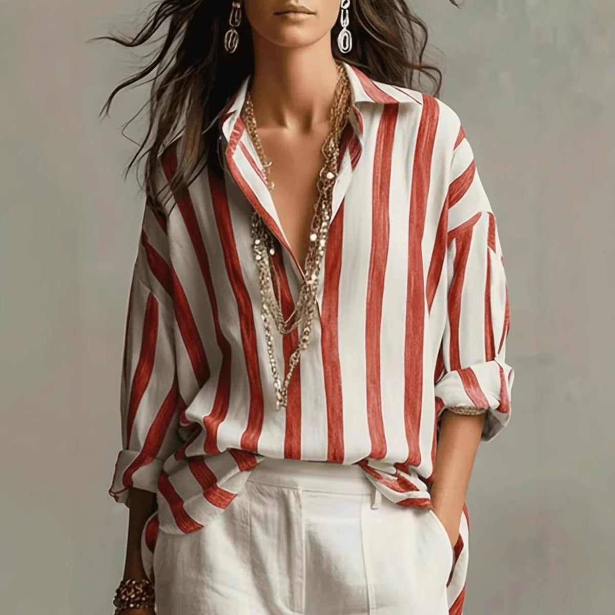 Striped Lapel Collar Loose-Fit Stylish Pullover Womens Blouse NorixaFashion.com