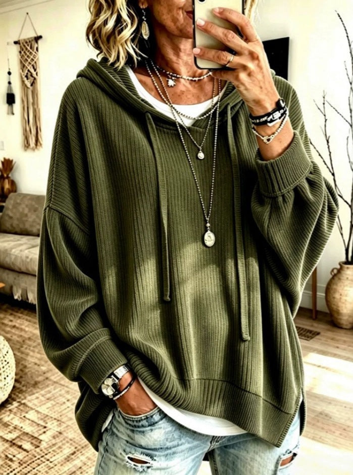 2026 European And American Women's Fashion Amazon Independent Store Hooded Drawstring Woven Corduroy Sweatshirt Jacket Loose Top NorixaFashion.com