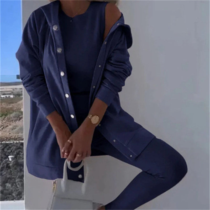 Women's Fashion Sports And Leisure Hooded Sweater Vest Pants Three-piece Set NorixaFashion.com