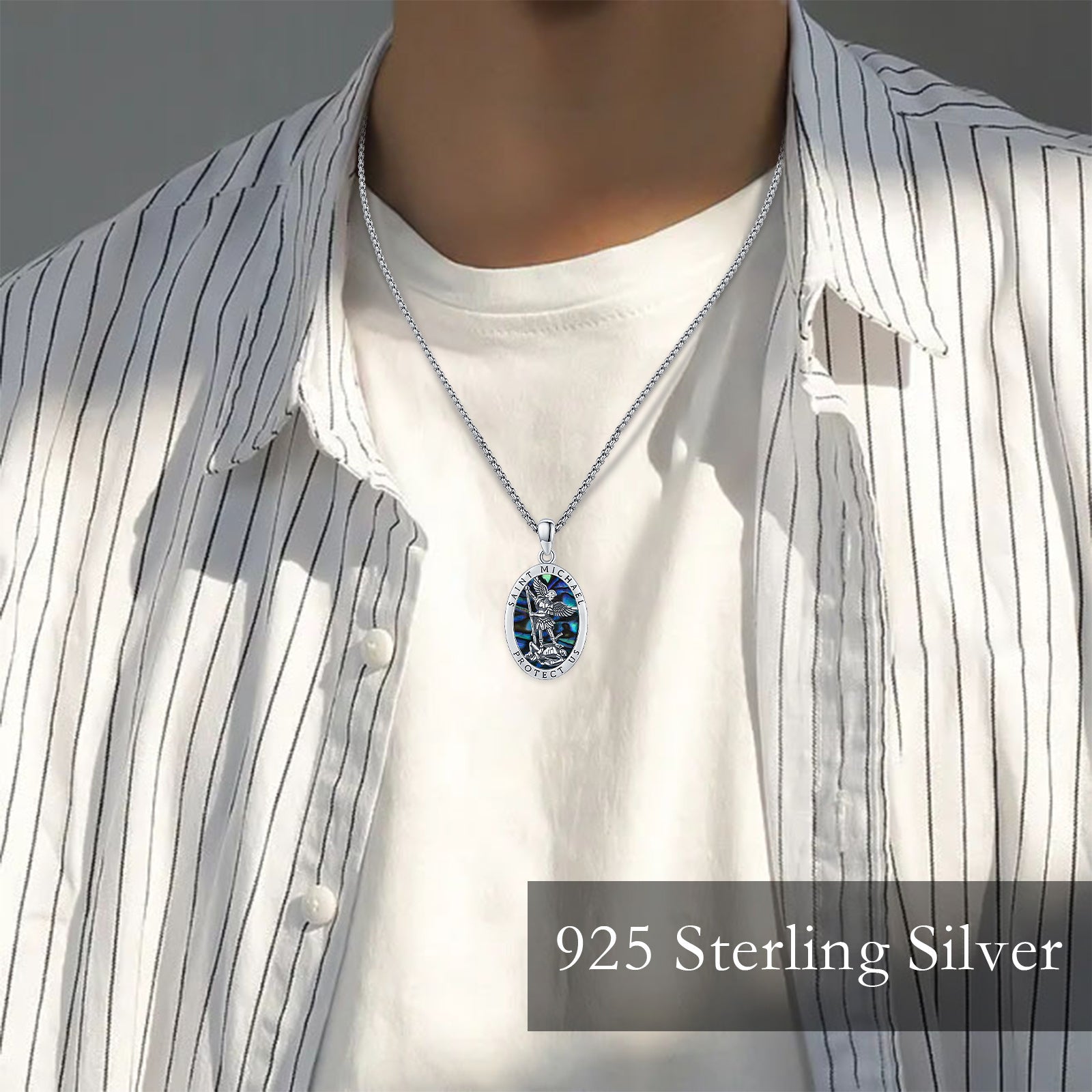 Abalone Shell Saint Michael Pendant Necklace in 925 Sterling Silver LadyShow.Store