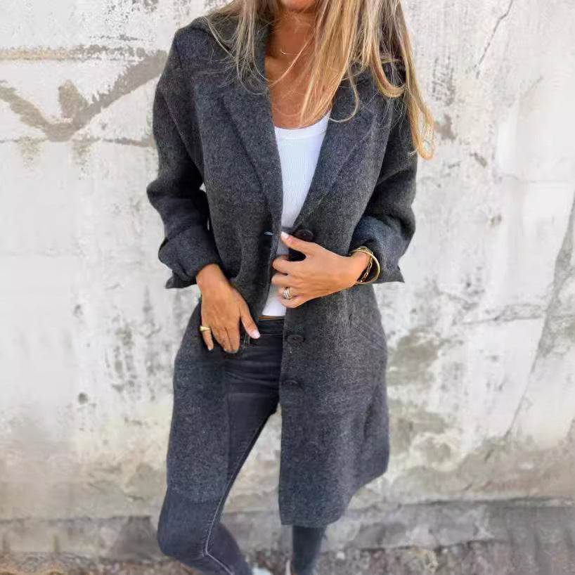 Lapel Single Breasted Cardigan With Pockets Fashion Color Solid Mid-Length Outwear Coat Womens Clothing LadyShow.Store