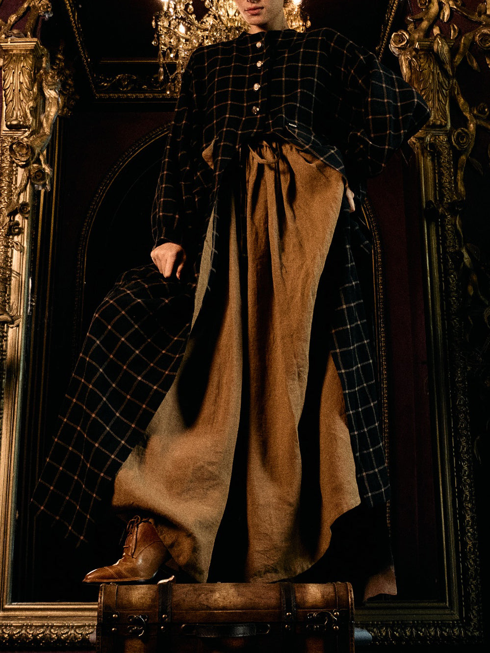 Navy Red Plaid Long Coat With Red Maxi Swing Dress Set NorixaFashion.com