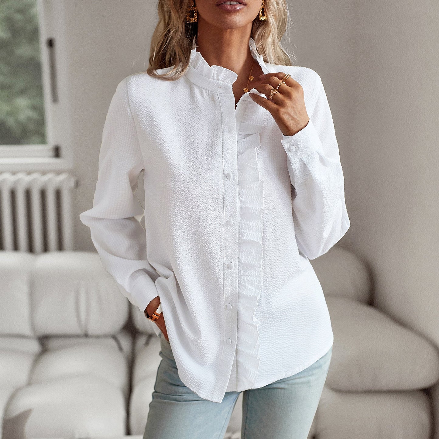 Striped Long Sleeve Shirt Fashion Ruffle Design Button Up Tops Casual Office Blouse Elegant Commuting Women's Clothing NorixaFashion.com