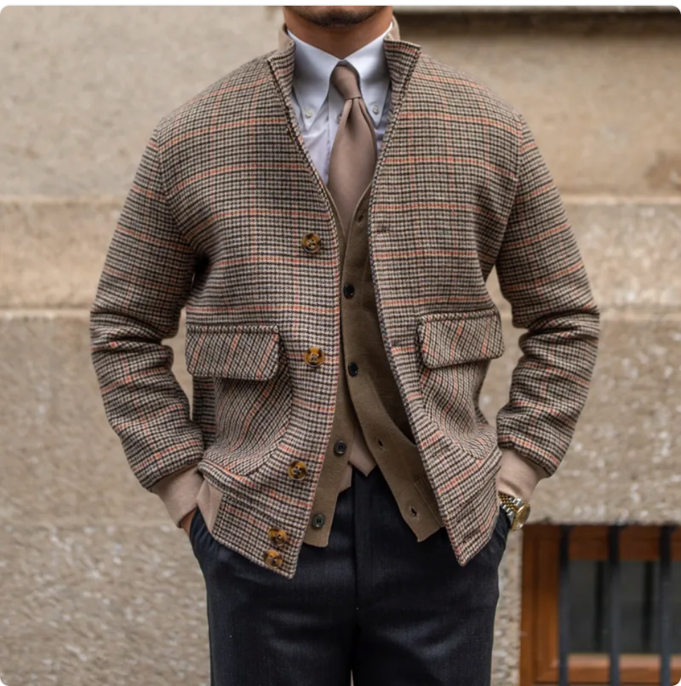Cropped Slim-Fit Tweed Bomber Jacket with Fleece and Stand Collar Pi-Mart