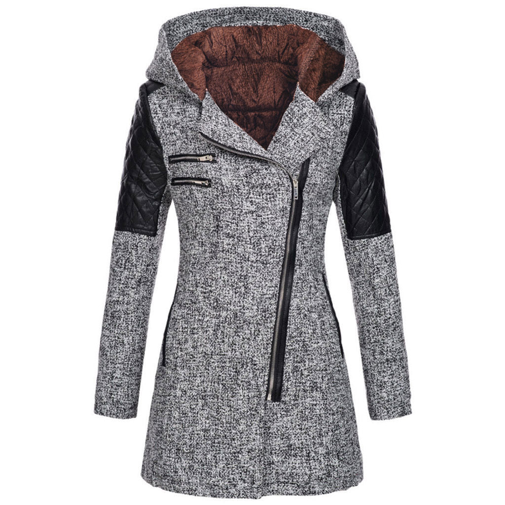 Women Warm Slim Full Zipper Coat Thick Woolen Coat Female Fall Winter Windbreaker Hooded Diagonal Zipper Women's Clothing CJD