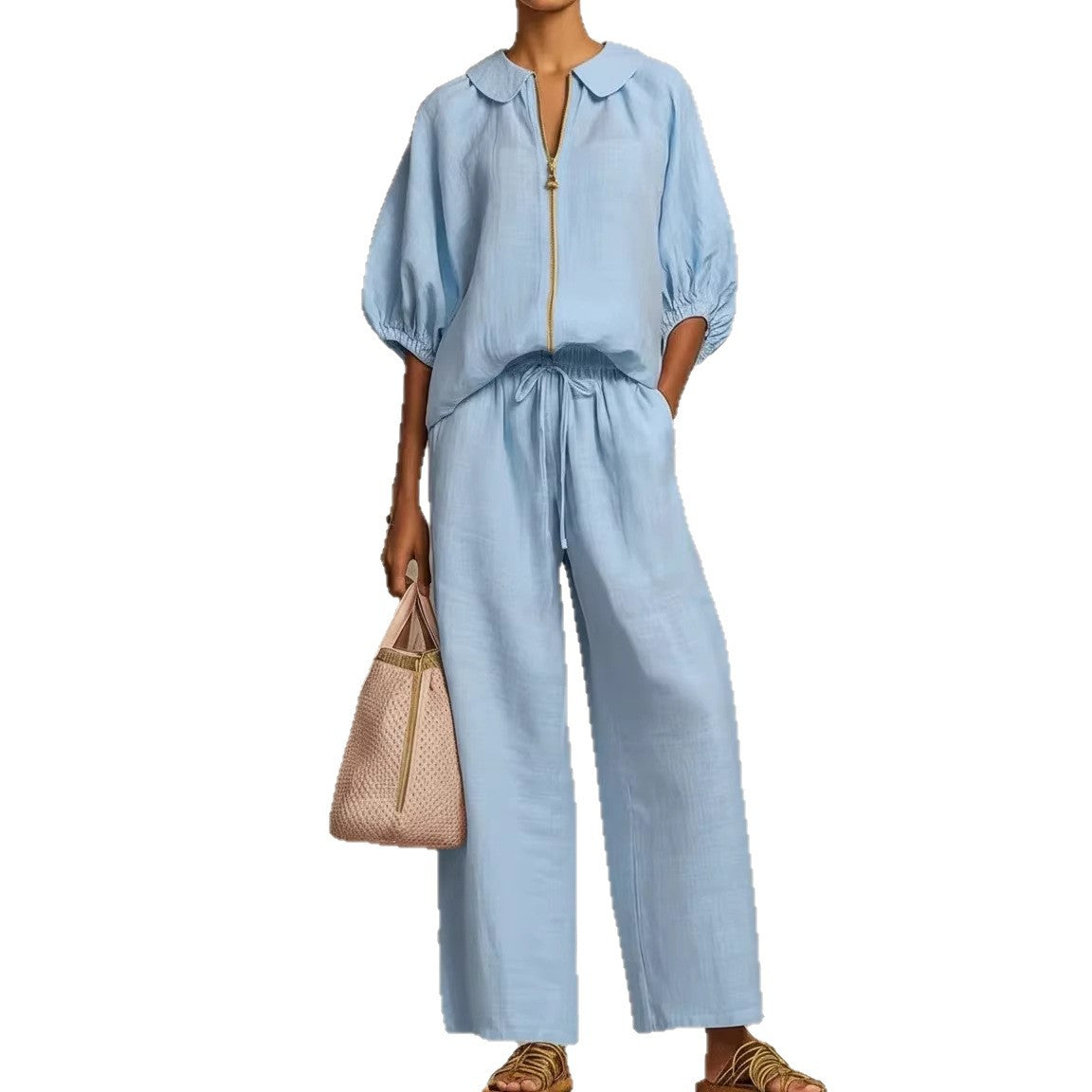 Solid-color Casual Loose-fitting Zip-up Sweatshirt And Straight-leg Pants Set NorixaFashion.com