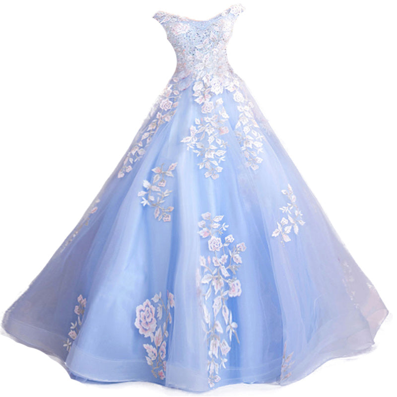 Blue Flowers Bride Wedding Toast Art Test Wedding Evening Dress LadyShow.Store