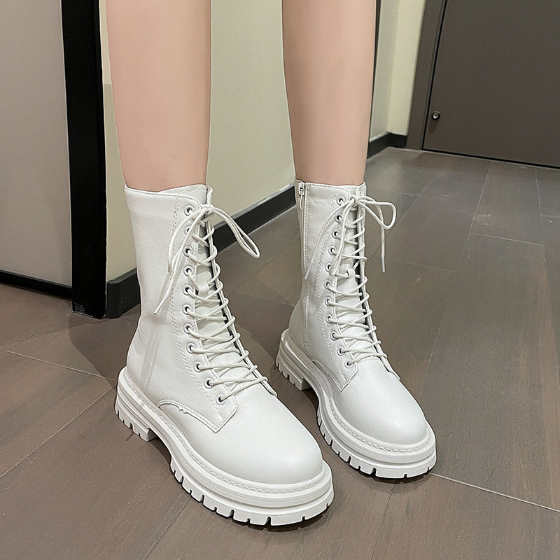 Autumn And Winter New Round Head Lace-up British Style Thick Bottom Mid-calf Martin Boots Women LadyShow.Store