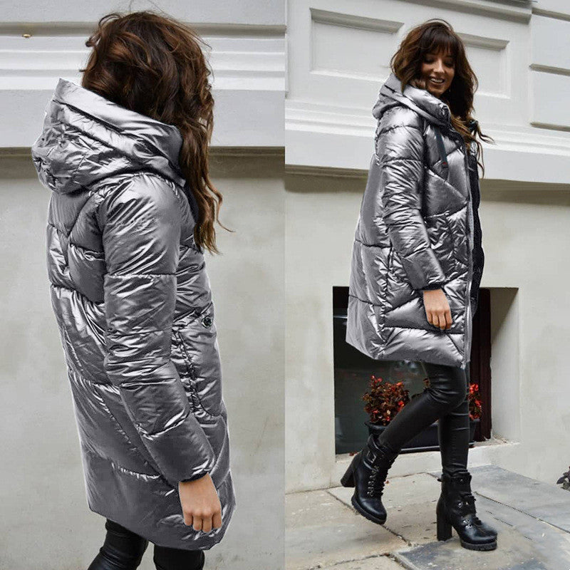 Women's Mid-length Solid Color Cotton Hooded Jacket Pi-Mart
