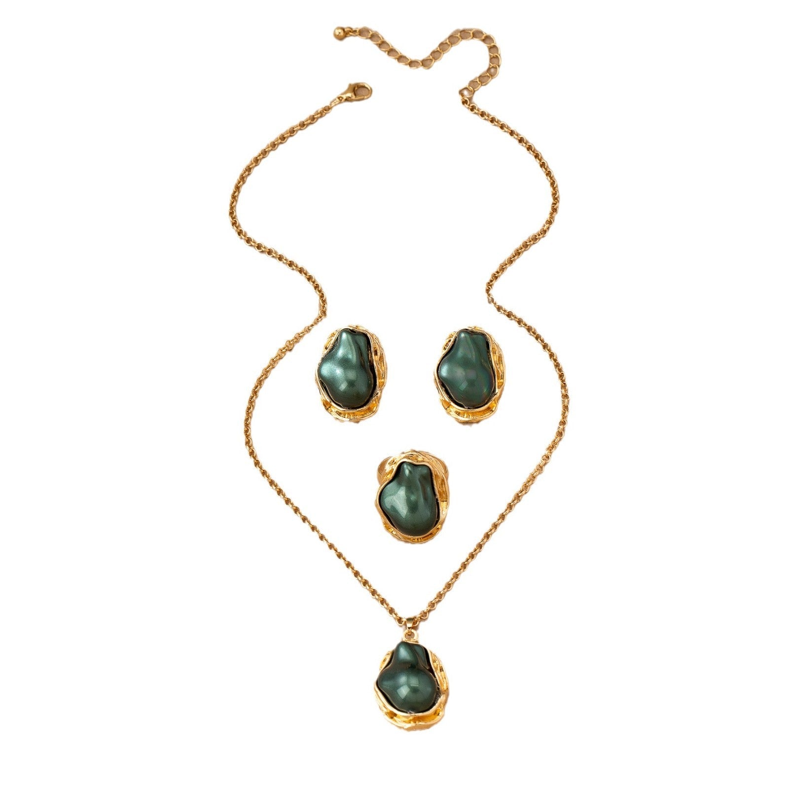 Retro Green Irregular Inlaid Imitation Pearl Necklace Ear Stud And Ring LadyShow.Store