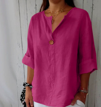 V-neck Long-sleeved T-shirt Fashion Loose Cotton And Linen Button Tops For Women NorixaFashion.com