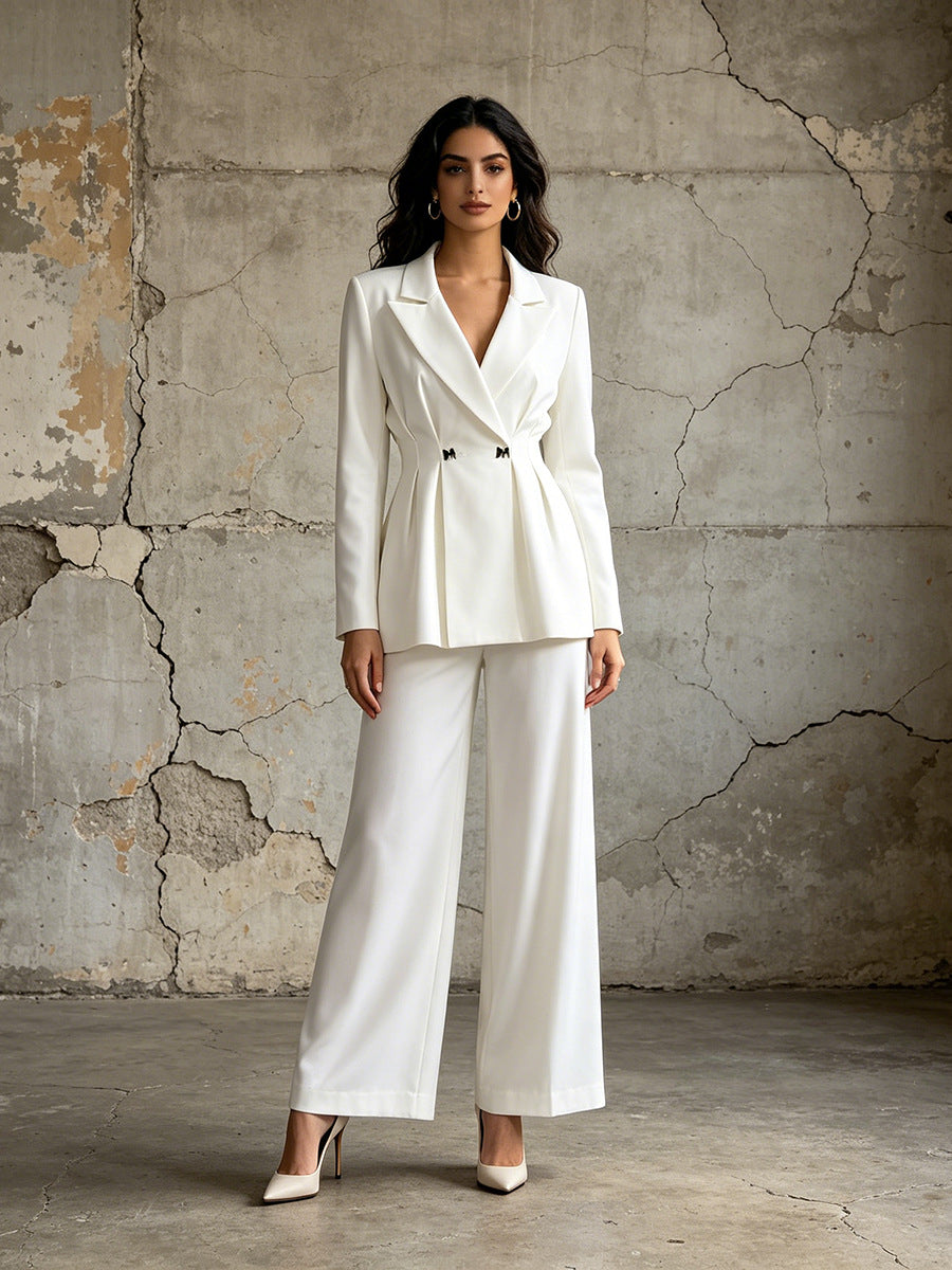Solid-color Long-sleeve Fitted Blazer & High-waisted Straight-leg Trousers Set NorixaFashion.com